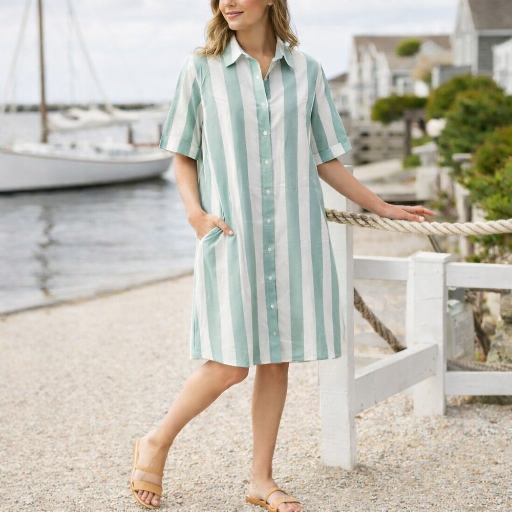 Coastal Grandma Shirt Dress Green White Stripe Cotton Button Front M‎